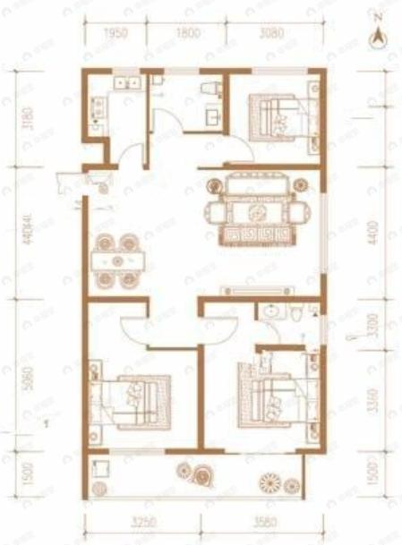 3室2厅2卫建面123平户型图