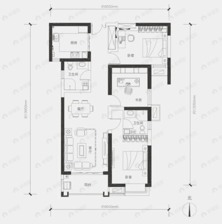 华清学府城3室2厅2卫户型图