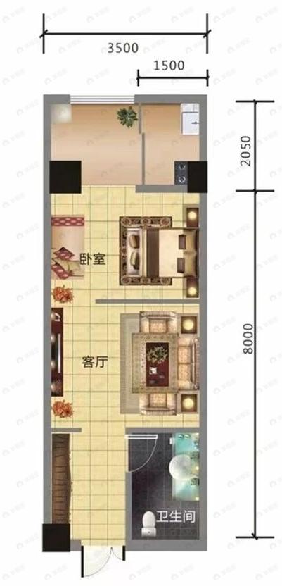 1室1厅1卫建面45平户型图