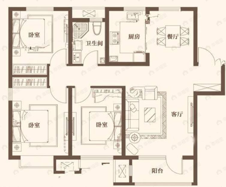 天房北宁公元3室2厅1卫户型图