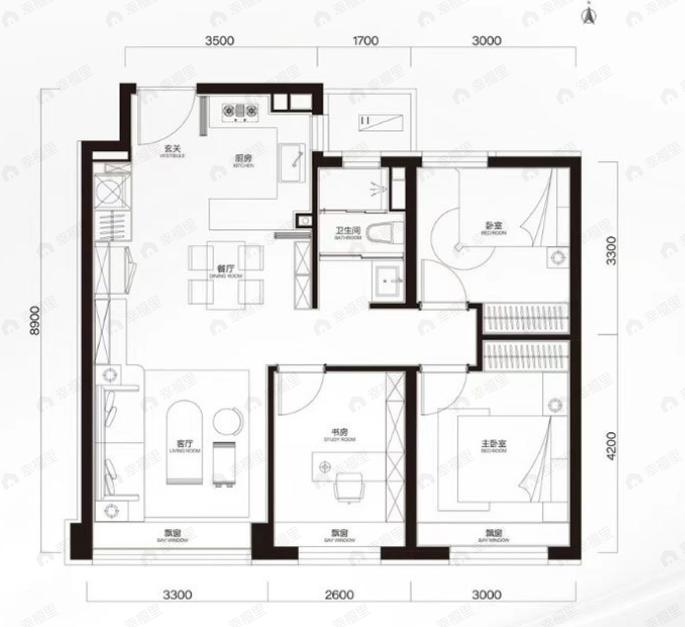 中海学府里3室2厅1卫户型图