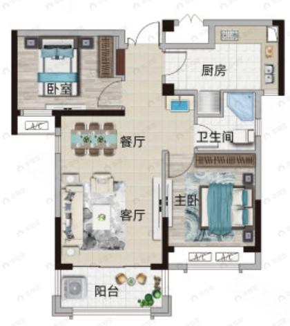中绘·大溪地2室2厅1卫户型图