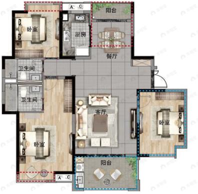 建工公园壹号3室2厅2卫户型图
