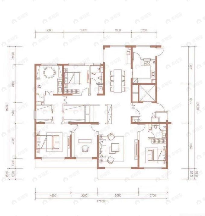 4室2厅3卫建面245平南|北户型图
