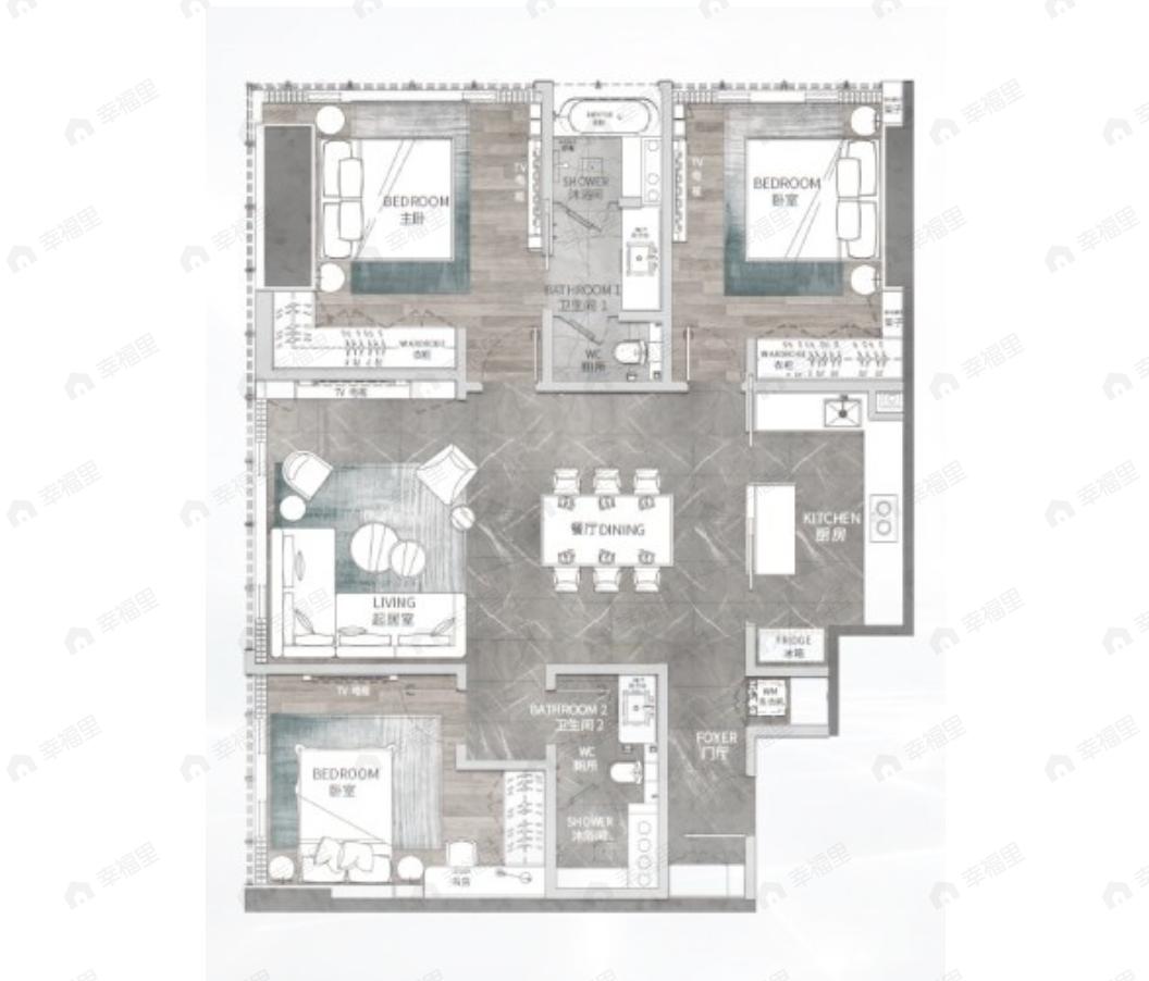 嘉裕中心J公馆3室2厅2卫户型图
