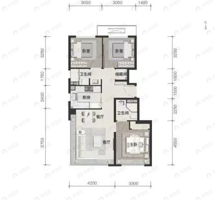 中建北京国贤府3室2厅2卫户型图