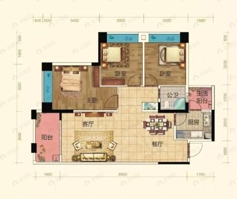 瑞恒新城3室2厅1卫户型图