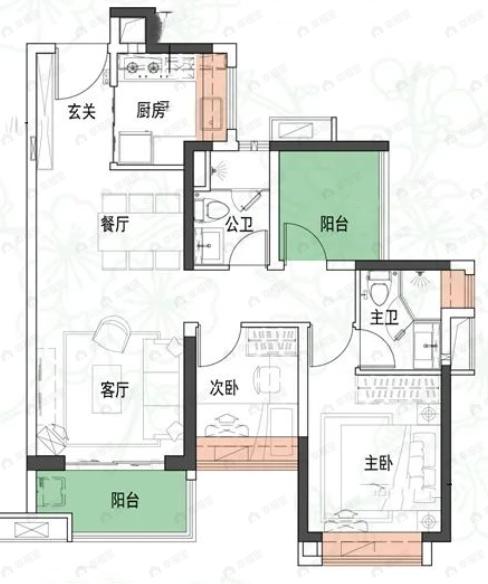 越秀滨海花城2室2厅2卫户型图