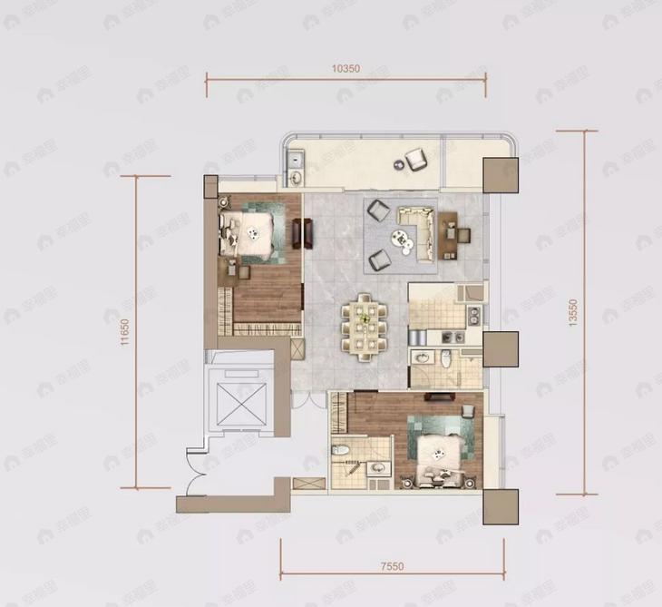 绿地海珀滨江2室2厅2卫户型图