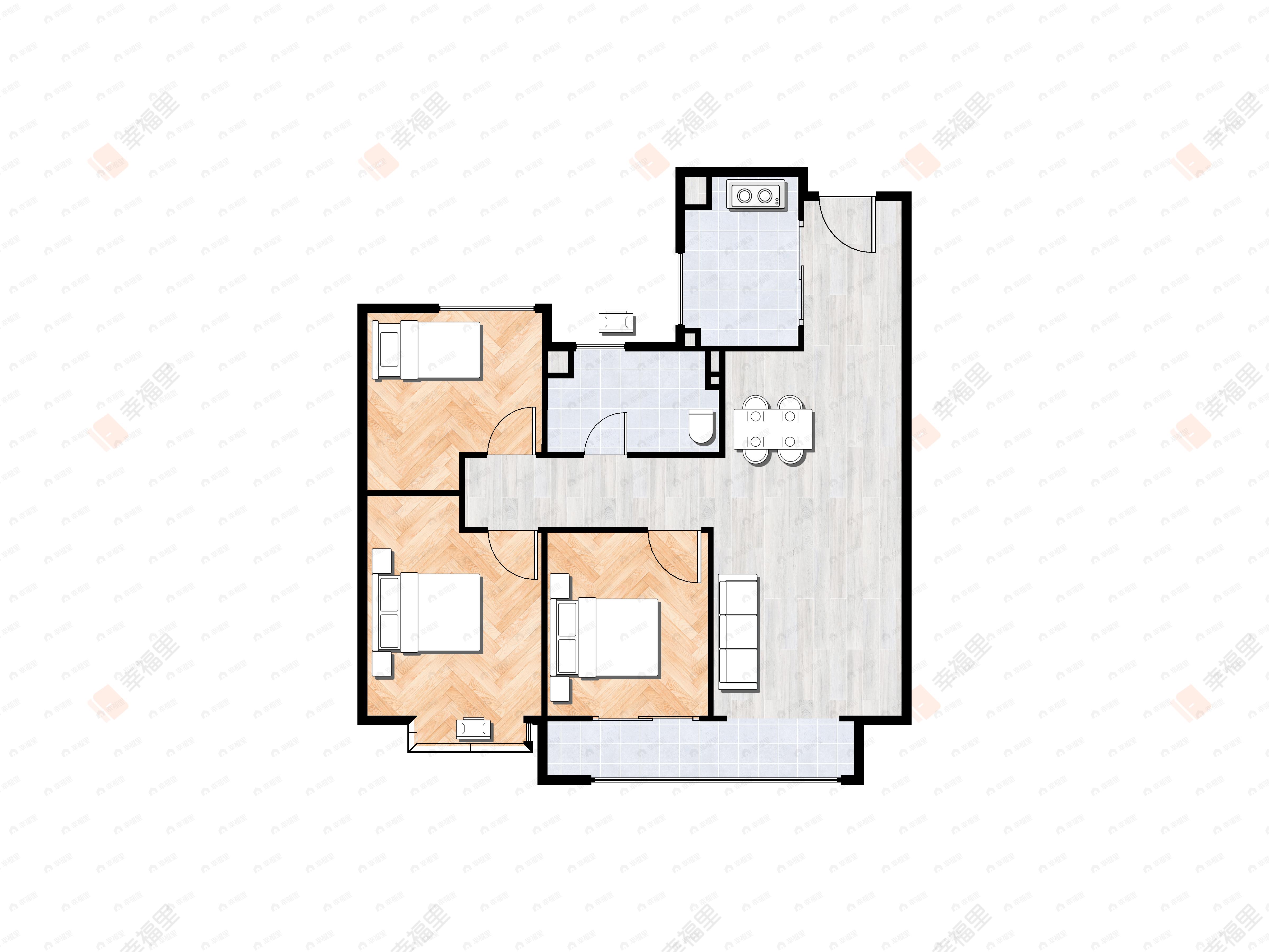 3室2厅1卫建面96平北|南户型图