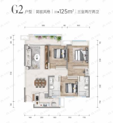 成都鑫苑城3室2厅2卫户型图