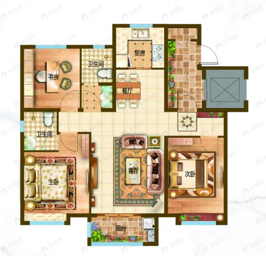3室2厅2卫建面119平北|南户型图