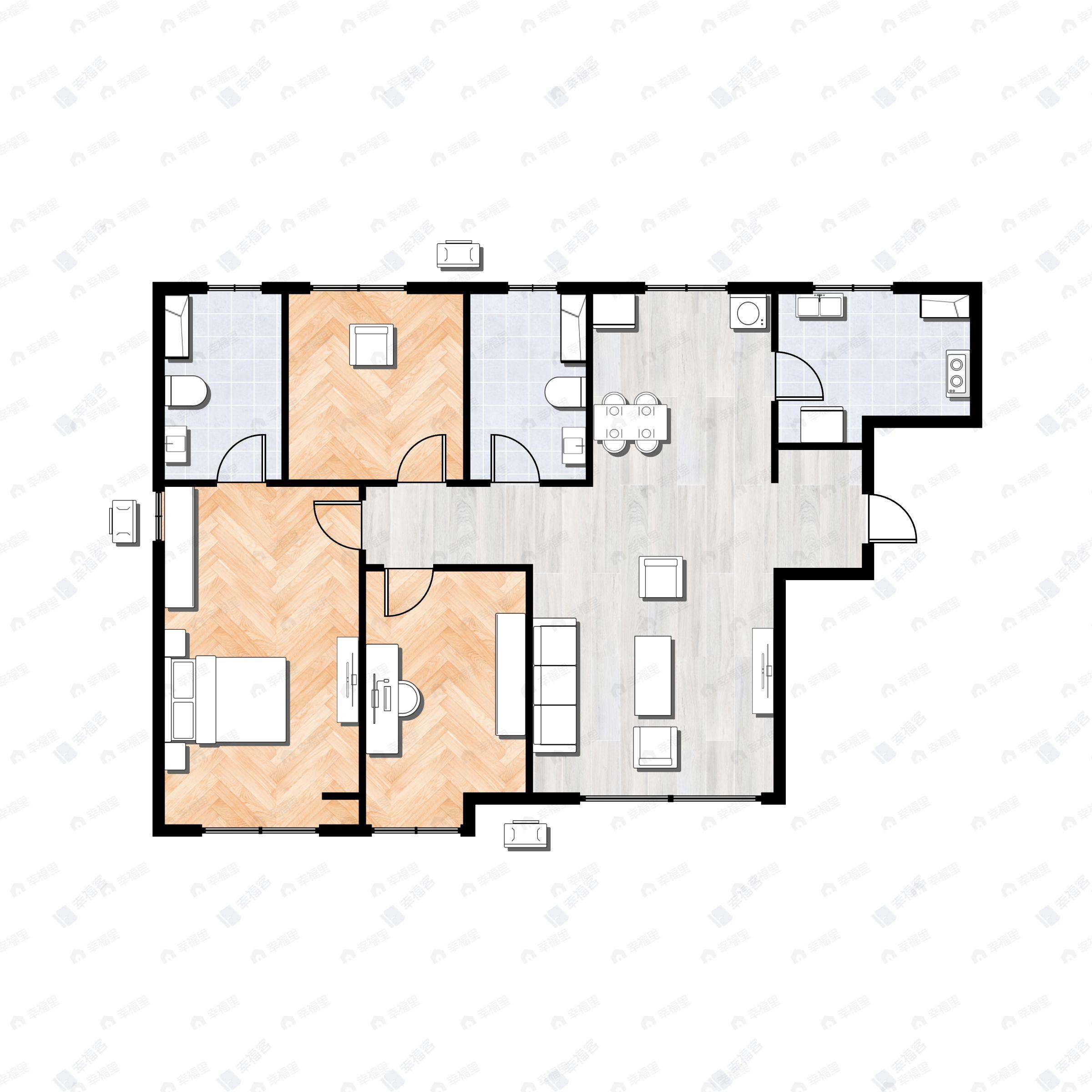 3室2厅2卫建面100平北|南户型图