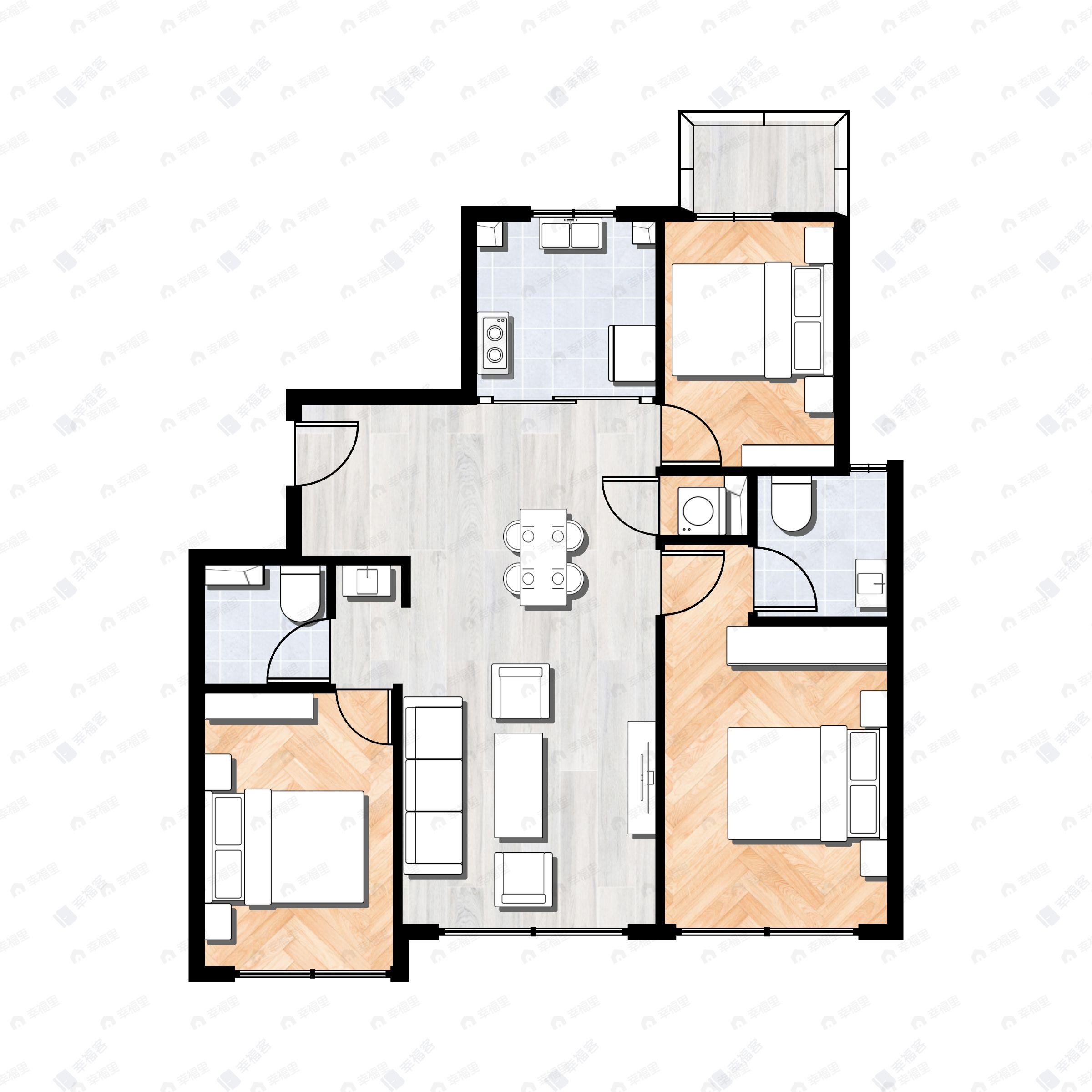 3室2厅2卫建面99平北|南户型图