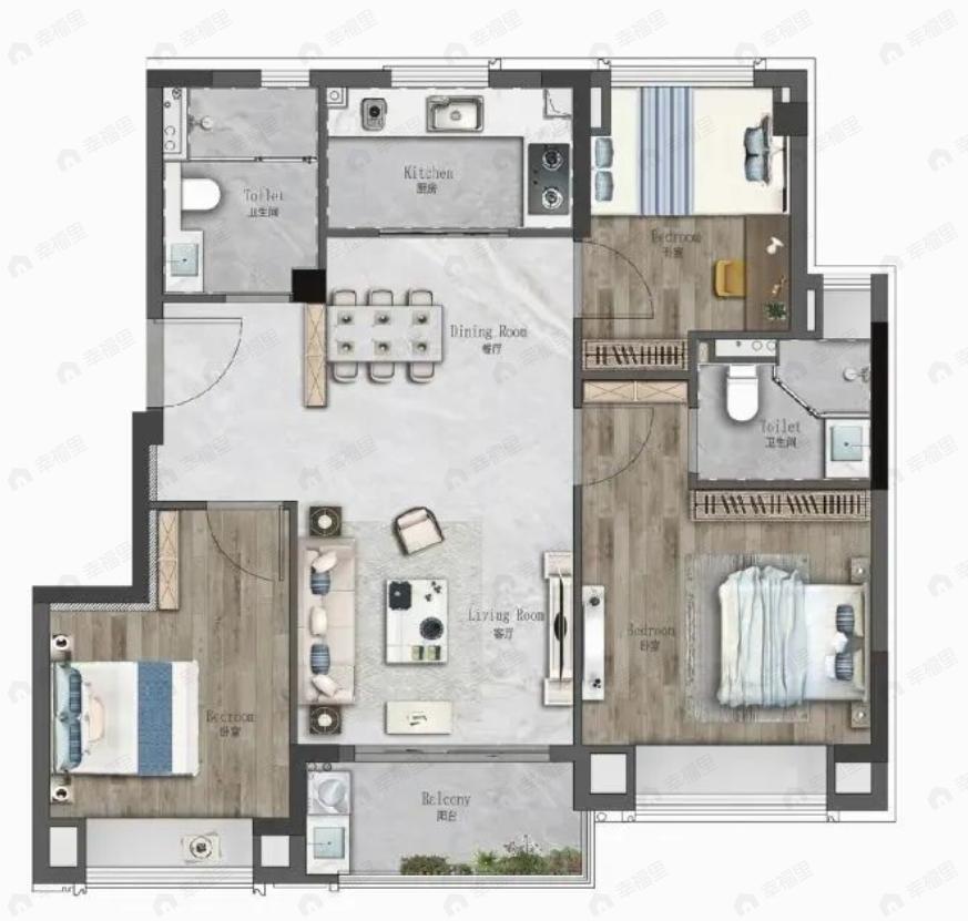柏悦翔湾3室2厅2卫户型图