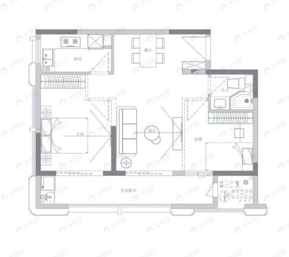 恒隆府2室2厅1卫户型图