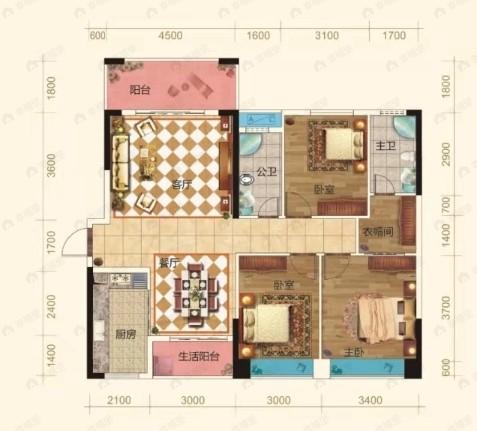瑞恒新城3室2厅2卫户型图