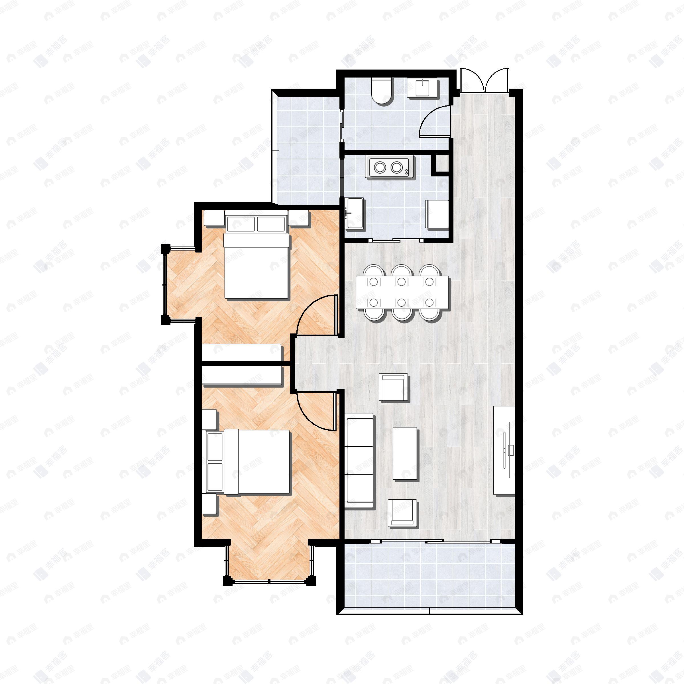 2室2厅1卫建面99m²西|南户型图