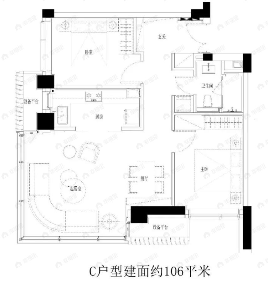 2室2厅1卫建面106平南户型图