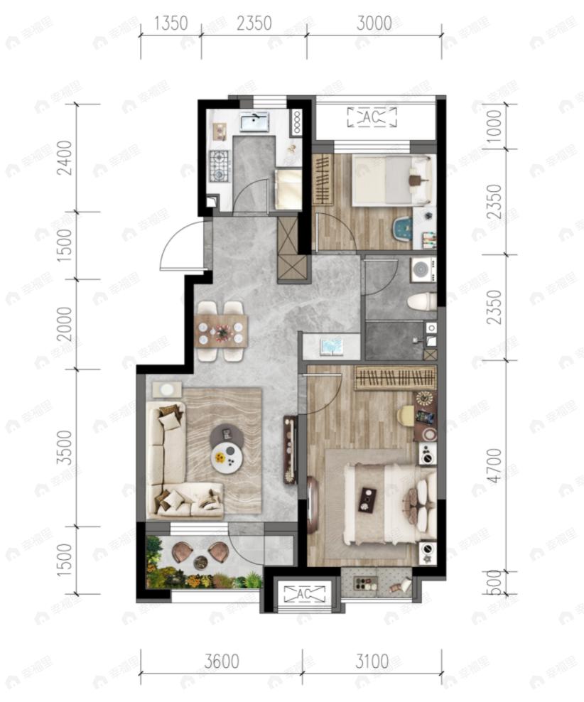 京西印玥2室2厅1卫户型图