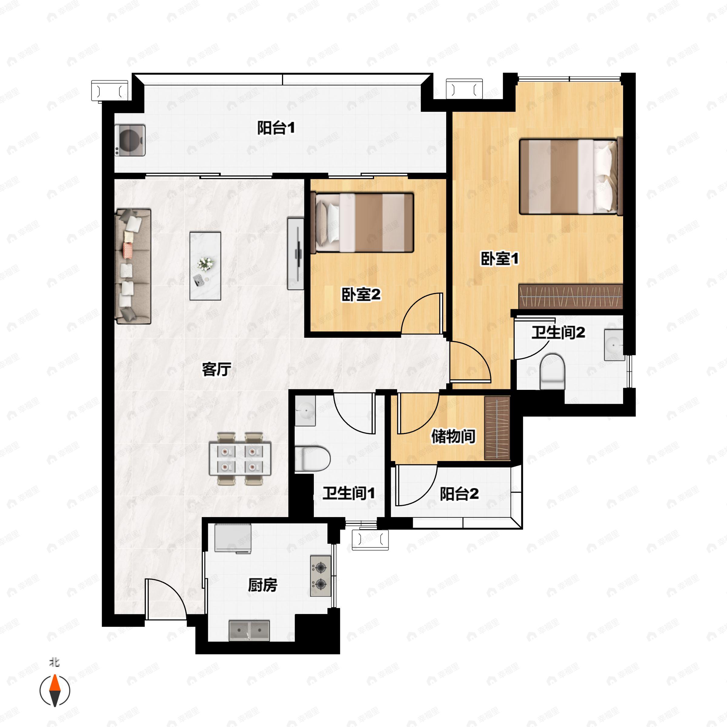 3室2厅2卫建面98平西北户型图