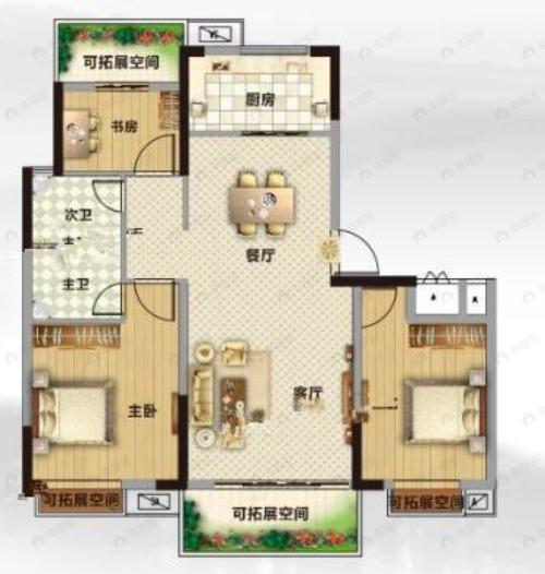 瀚泓盛世名门家园3室2厅2卫户型图