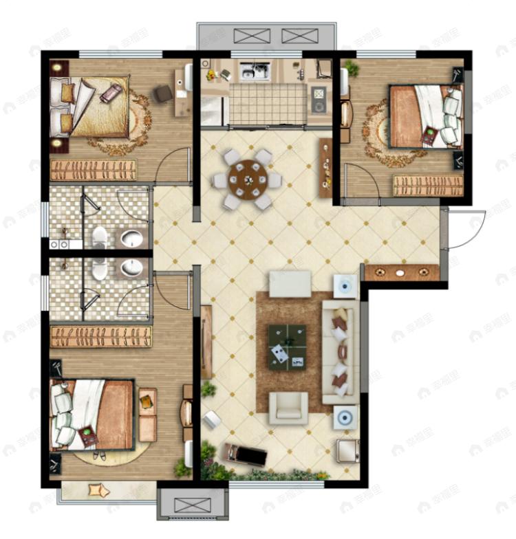 天朗悦玺台3室2厅2卫户型图