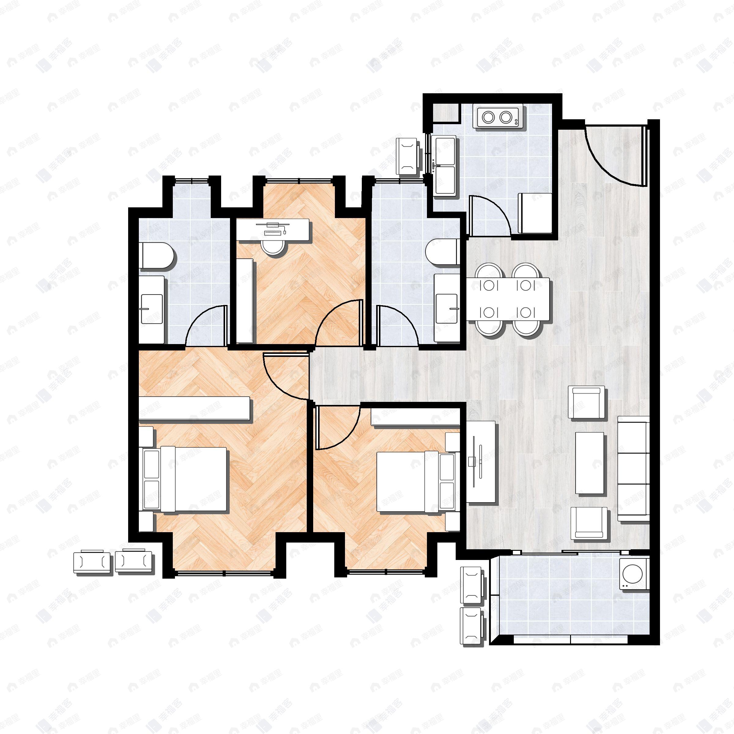3室2厅2卫建面89m²南户型图