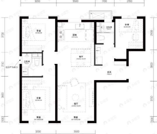 越秀·天玥3室2厅2卫户型图