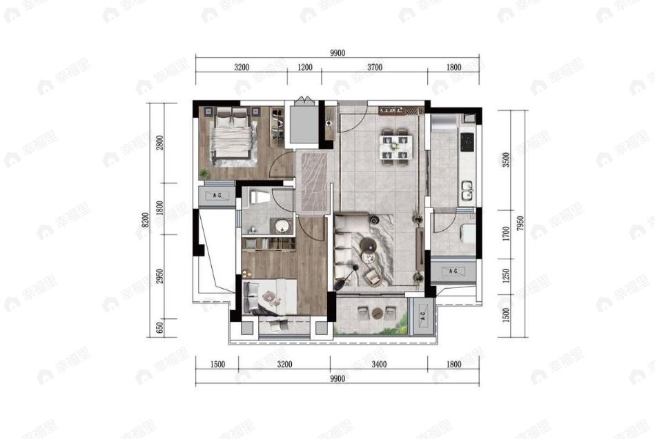 中南上悦城2室2厅1卫户型图