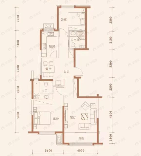 正翔滨河2室2厅2卫户型图