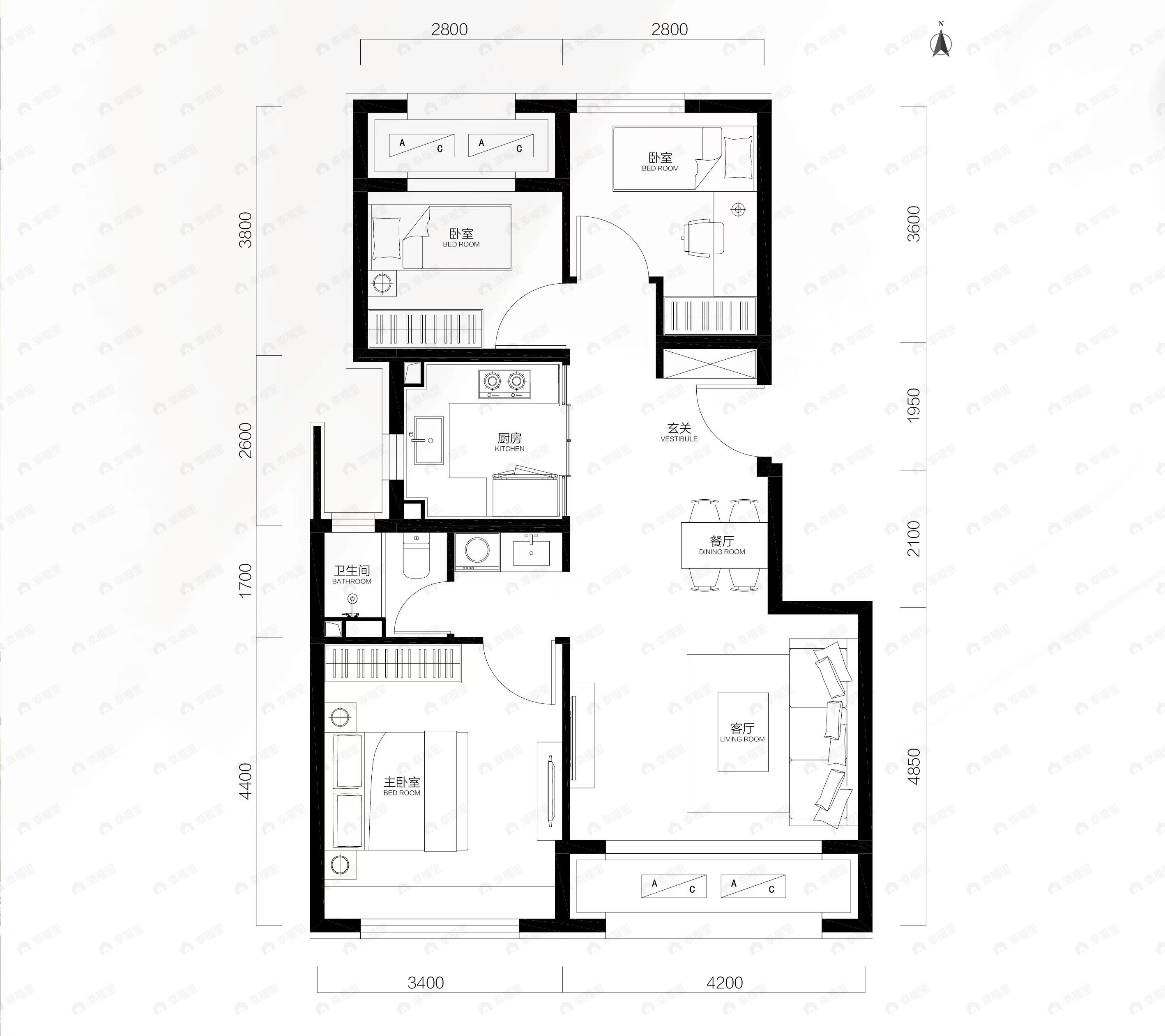 中海学仕里3室2厅1卫户型图