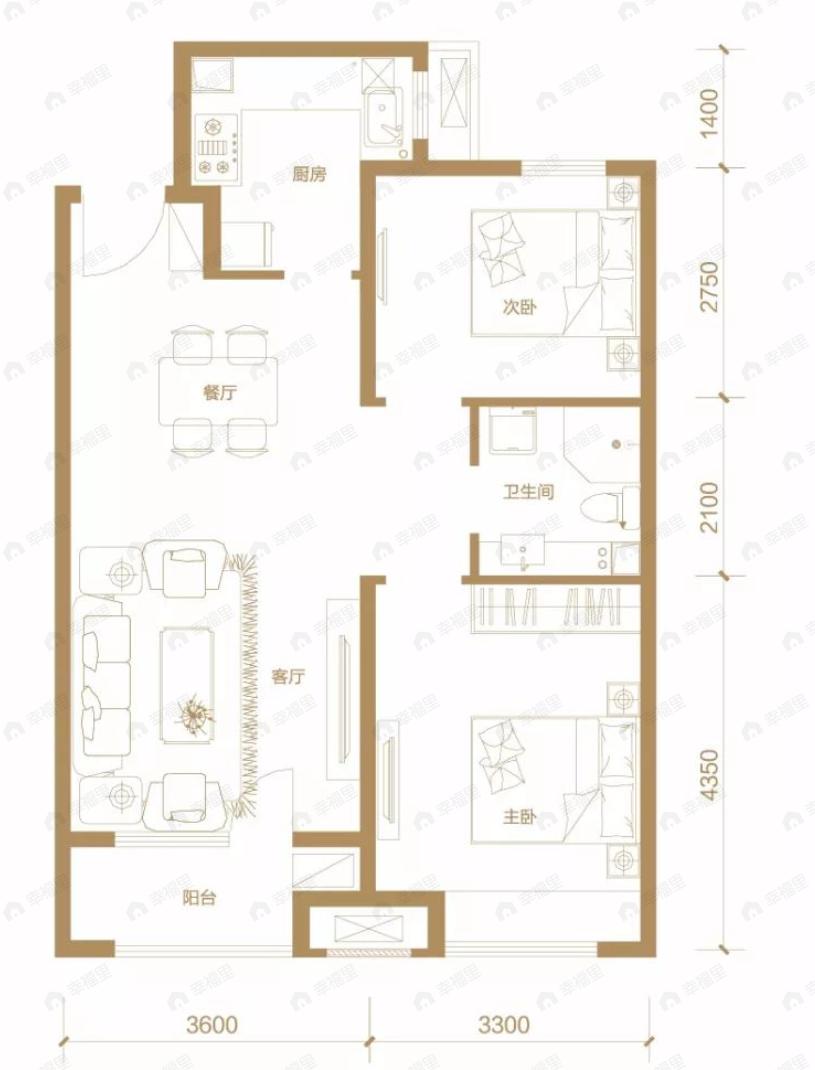 世茂璀璨天城2室2厅1卫户型图