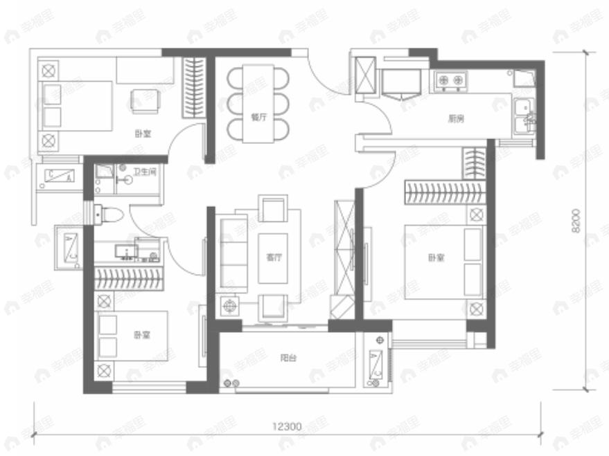 璟宸尊域府3室2厅1卫户型图