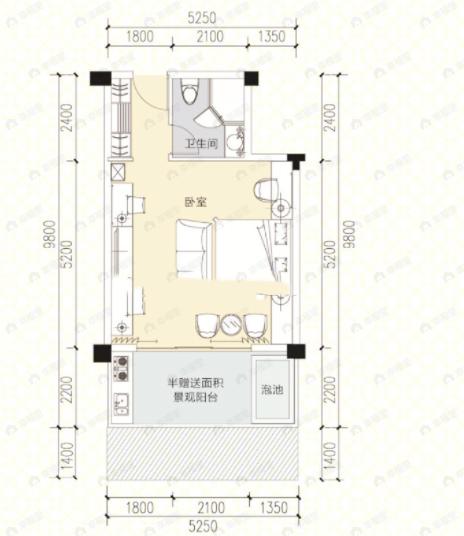 鹤鸣青云墅1室1厅1卫户型图