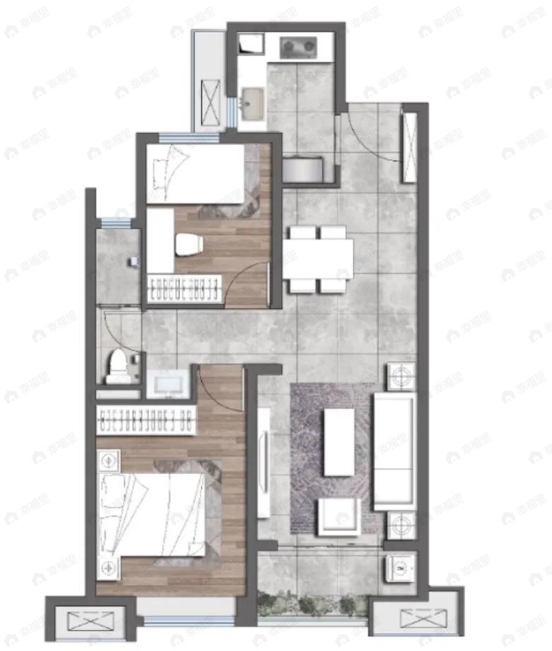 2室2厅1卫建面84m²南|北户型图