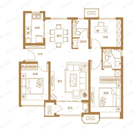 中国铁建西派国印3室2厅2卫户型图