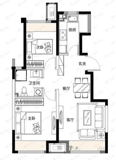 保利城2室2厅1卫户型图