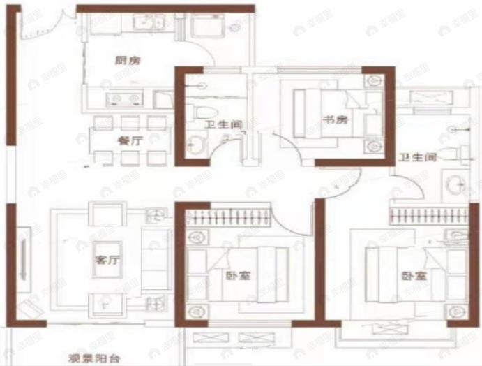 3室2厅2卫建面113m²南户型图
