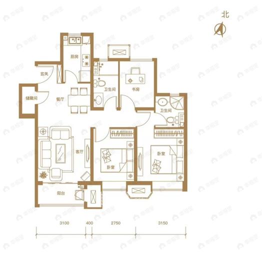 中国铁建西派国印3室2厅2卫户型图