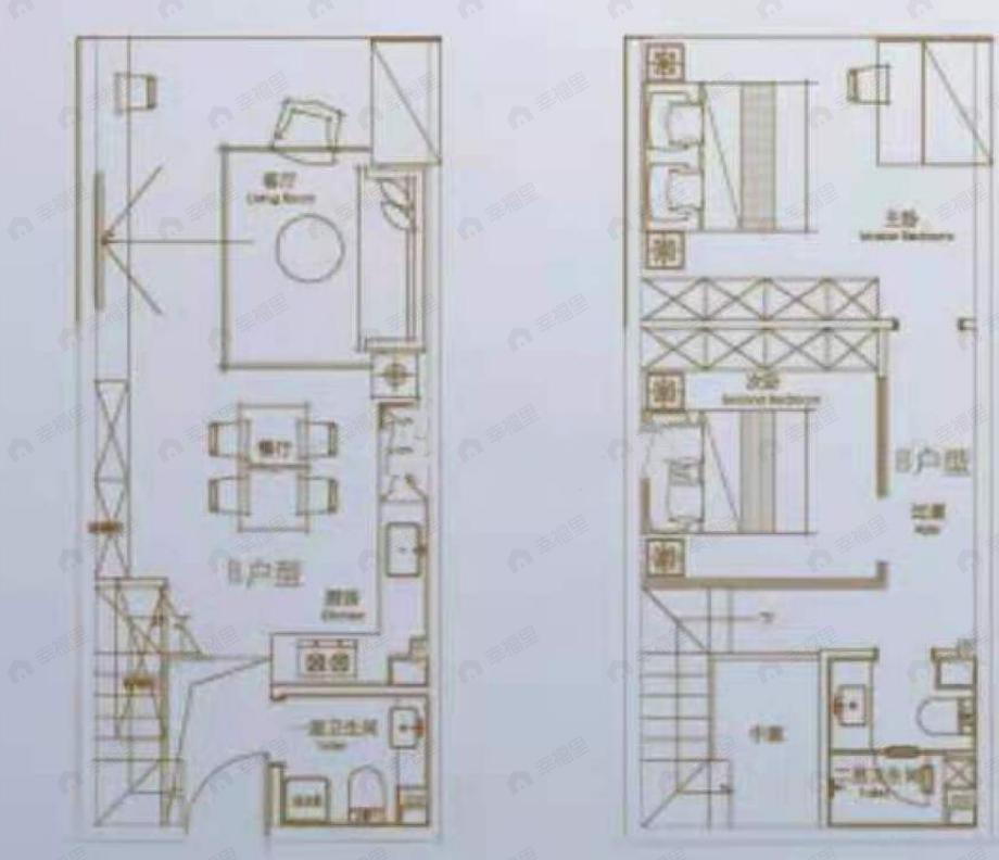 2室2厅2卫建面60m²北户型图