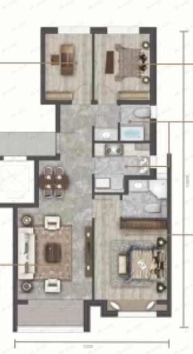 3室2厅2卫建面89平南|北户型图