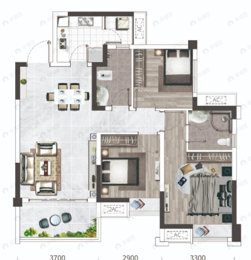 龙腾东麓城3室2厅2卫户型图