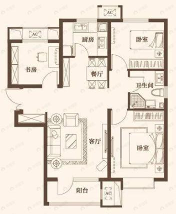 天房北宁公元3室2厅1卫户型图