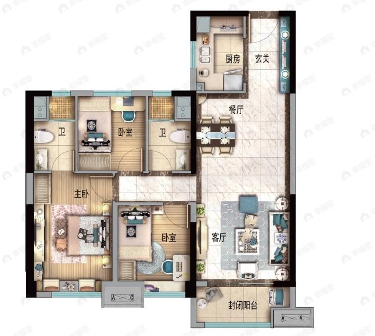 兰州碧桂园文璟城3室2厅2卫户型图