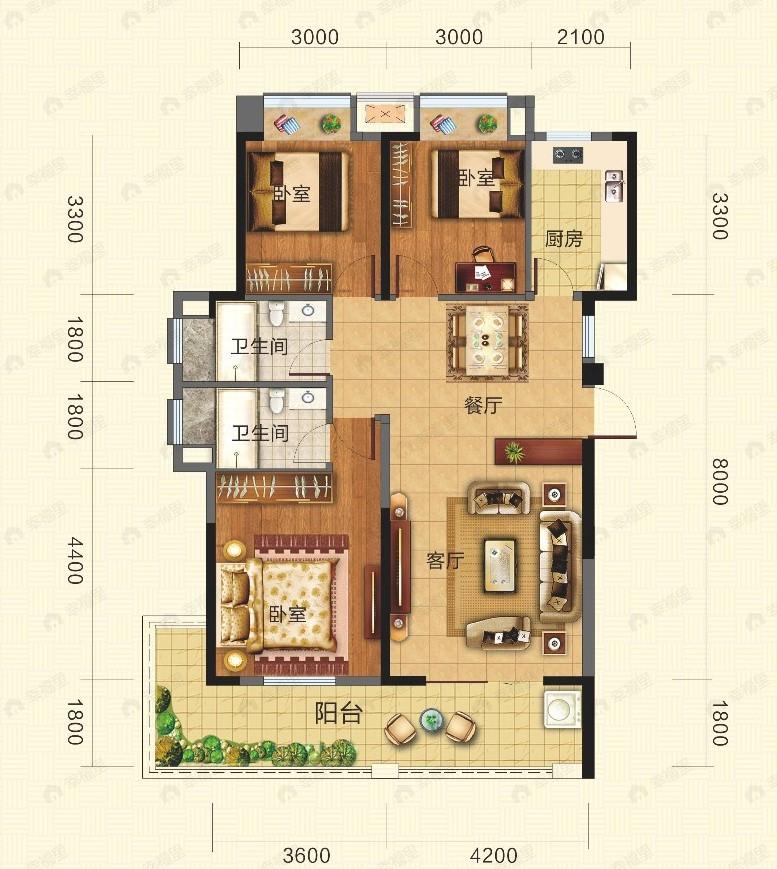 清能学府花园3室2厅2卫户型图