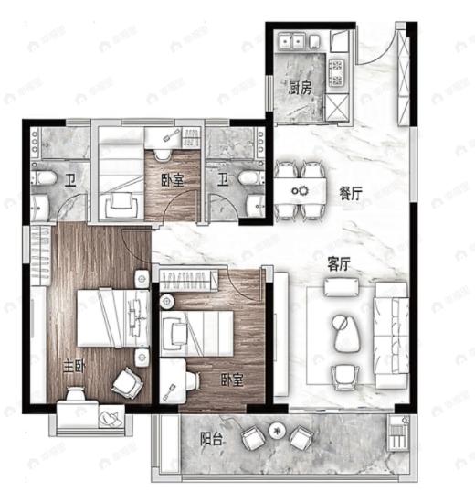 碧桂园北城映象3室2厅2卫户型图
