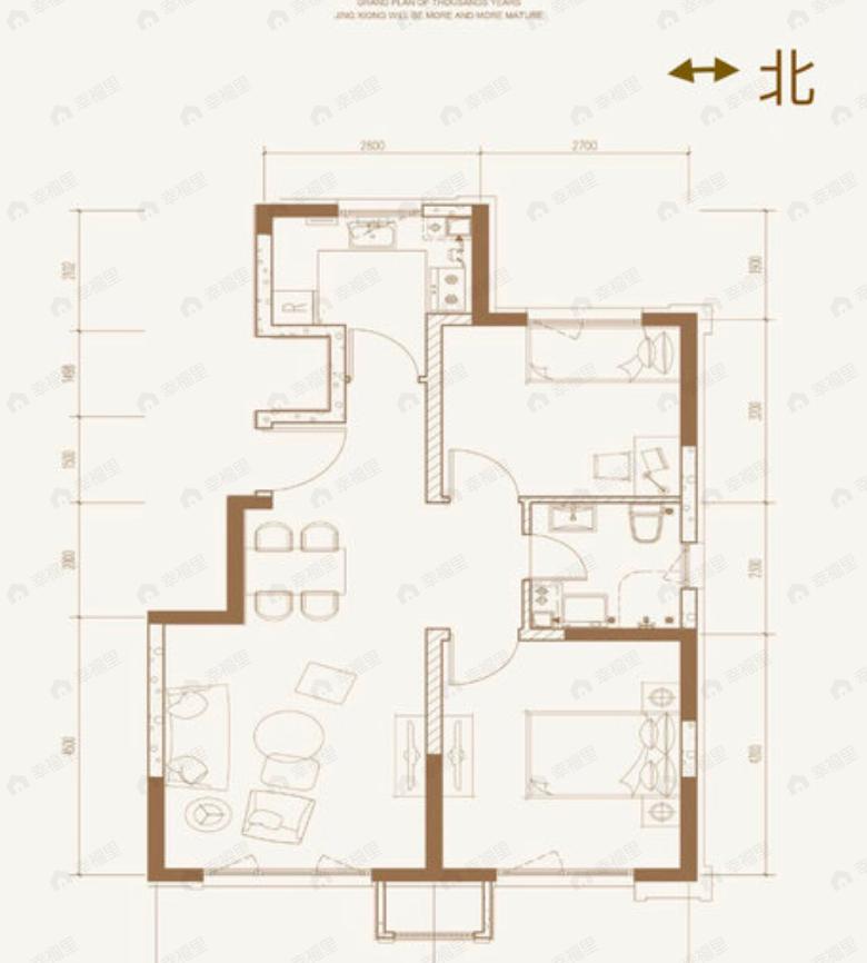 2室2厅1卫建面85m²南|北户型图