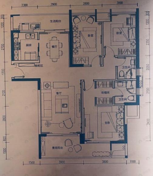 3室2厅2卫建面133平南|北户型图