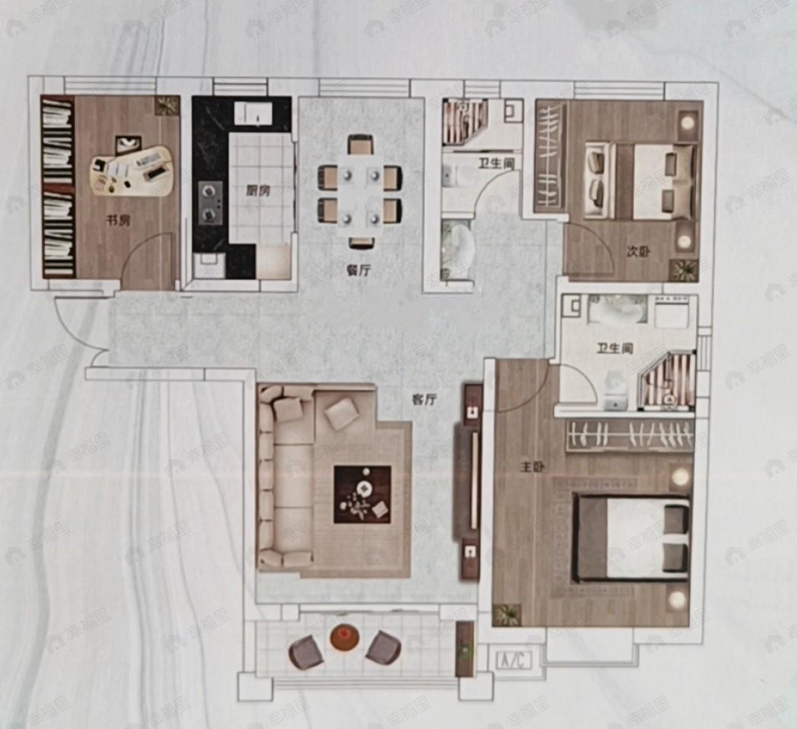 3室2厅2卫建面113平南|北户型图